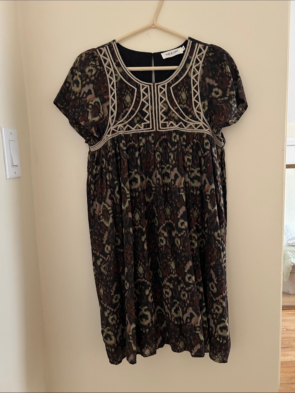 Indi&Cold EUC Short-Sleeve Embroidered Yoke Dress in Brown and Olive